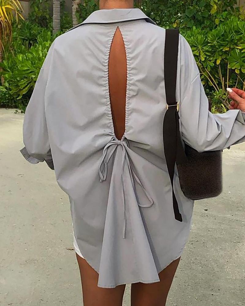 

Cutout Tied Detail Plain Long Sleeve Shirt, Gray