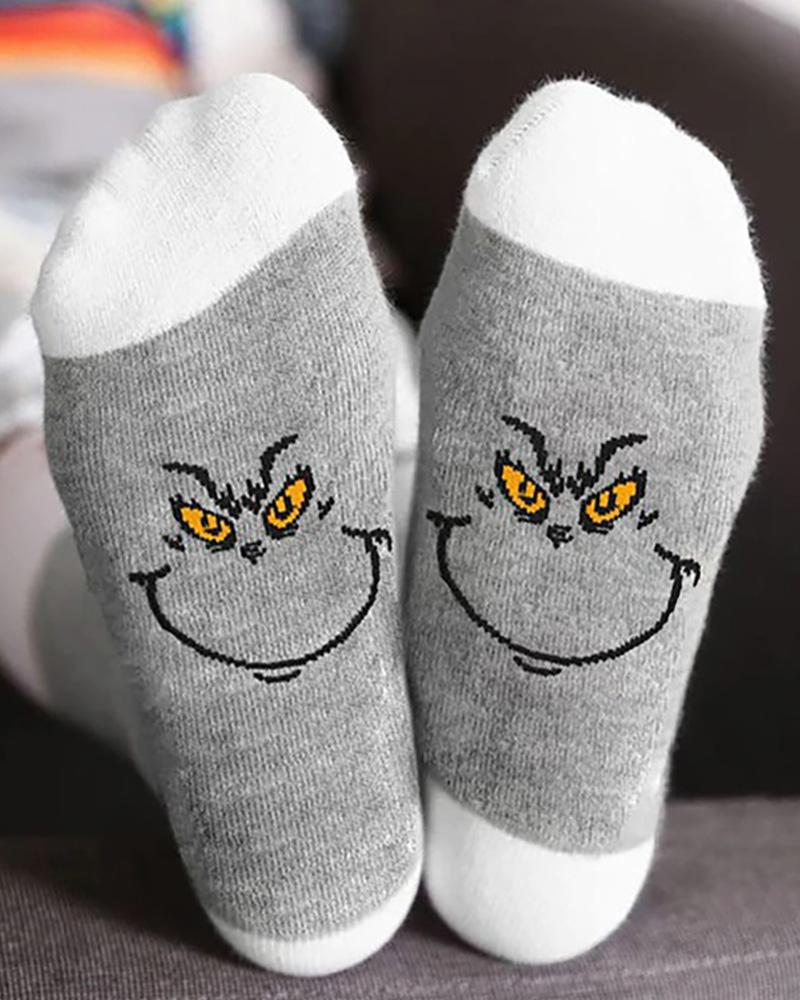 

Christmas Cartoon Print Colorblock Socks, Gray