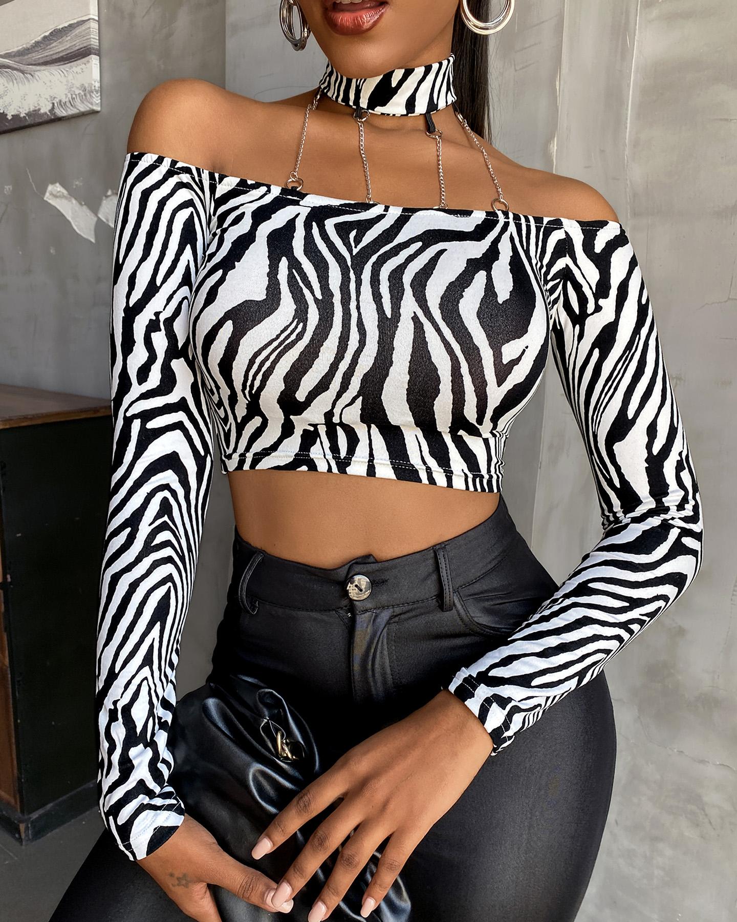 

Zebra Stripe Halter Crop Women Top, Black