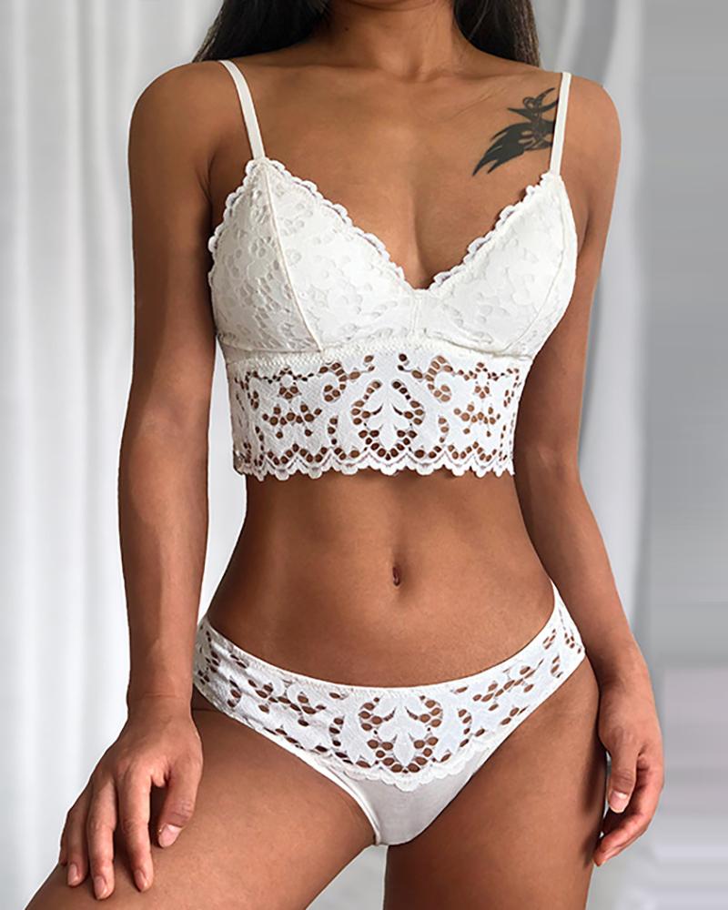

Spaghetti Strap Eyelash Lace Bra Set, White