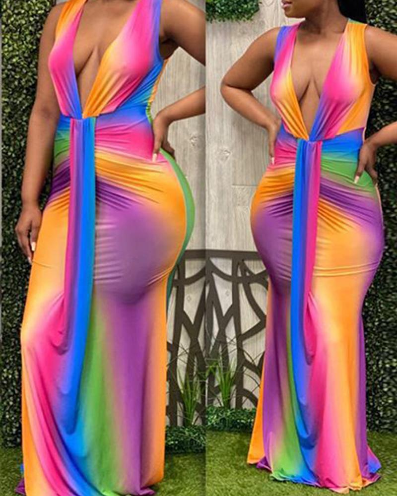 

Lace-up Gradient Color Block Sleeveless Maxi Dress, Multicolor