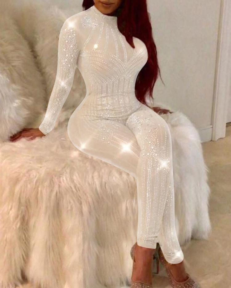 glittering embellished mesh skinny jumpsuit