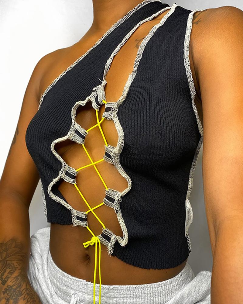 

One Shoulder Colorblock Lace-up Sleeveless Top, Black