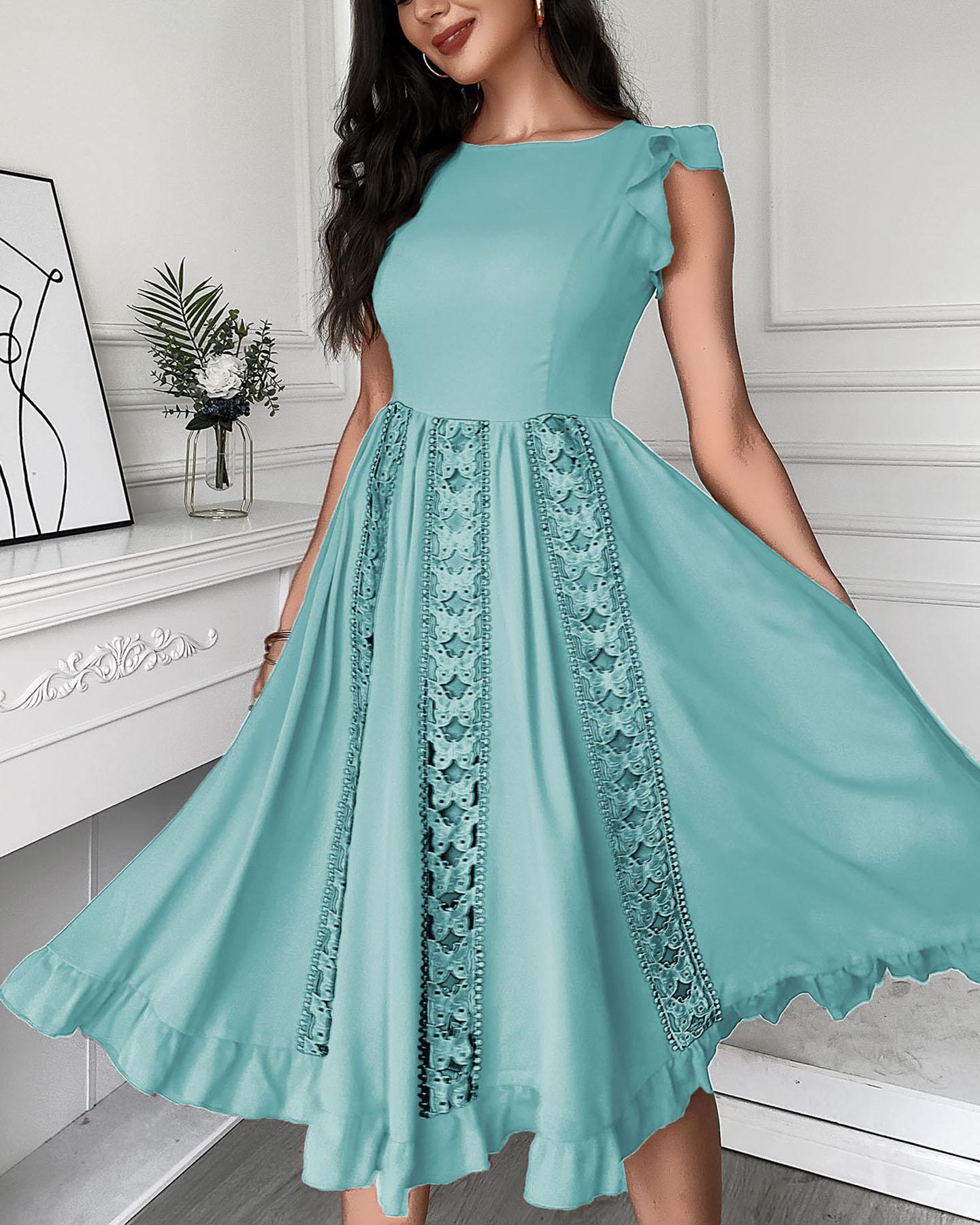 

Plain Hollow Out Frill Hem Dress, Green