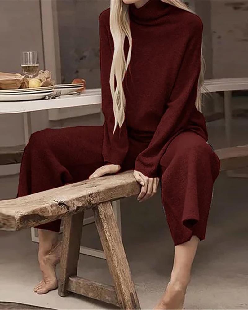 

Long Sleeve Knit Sweater & Wide Leg Pants Set, Wine red
