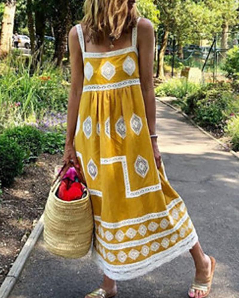 

Geometry Print Colorblock Square Neck Maxi Women Dress, Yellow