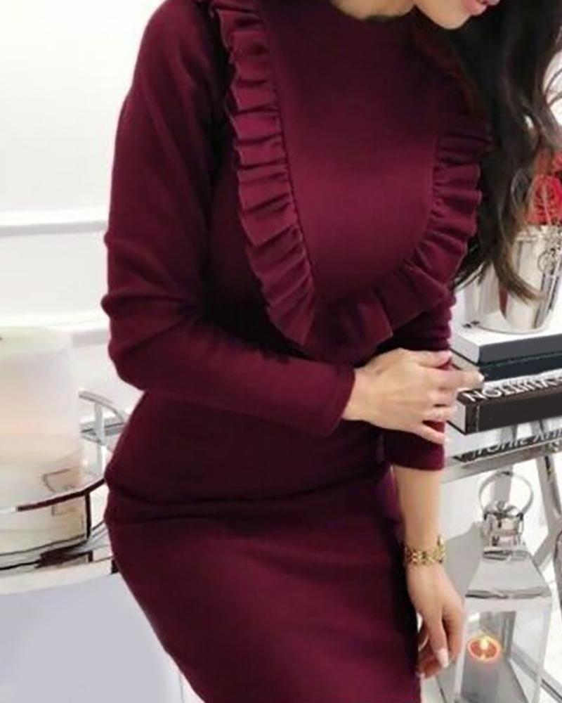 

Frill Hem Long Sleeve Casual Dress, Wine red