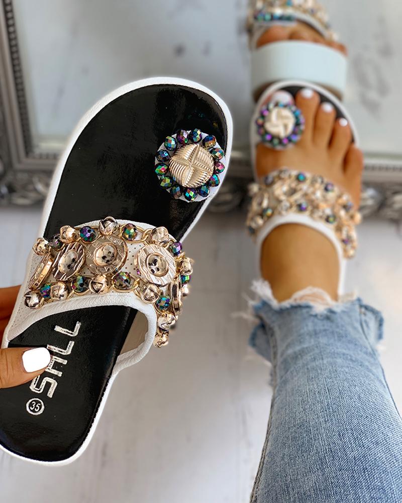 

Studded Detail Toe Ring Flat platform sandals, White