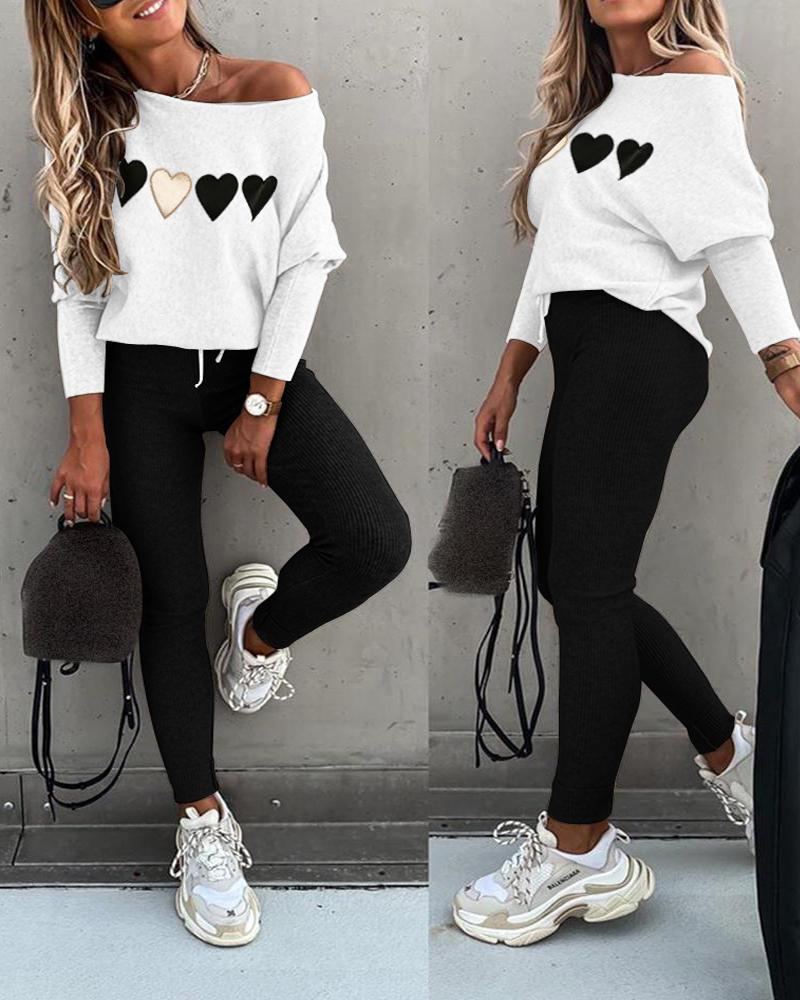 

Halloween Heart Print Colorblock Top & Drawstring Pants Set, Black