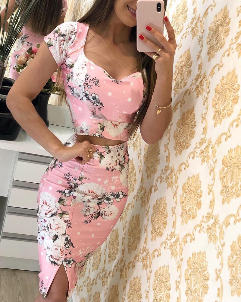 

Floral Print Short Sleeve Top & Skirt Sets, Pink