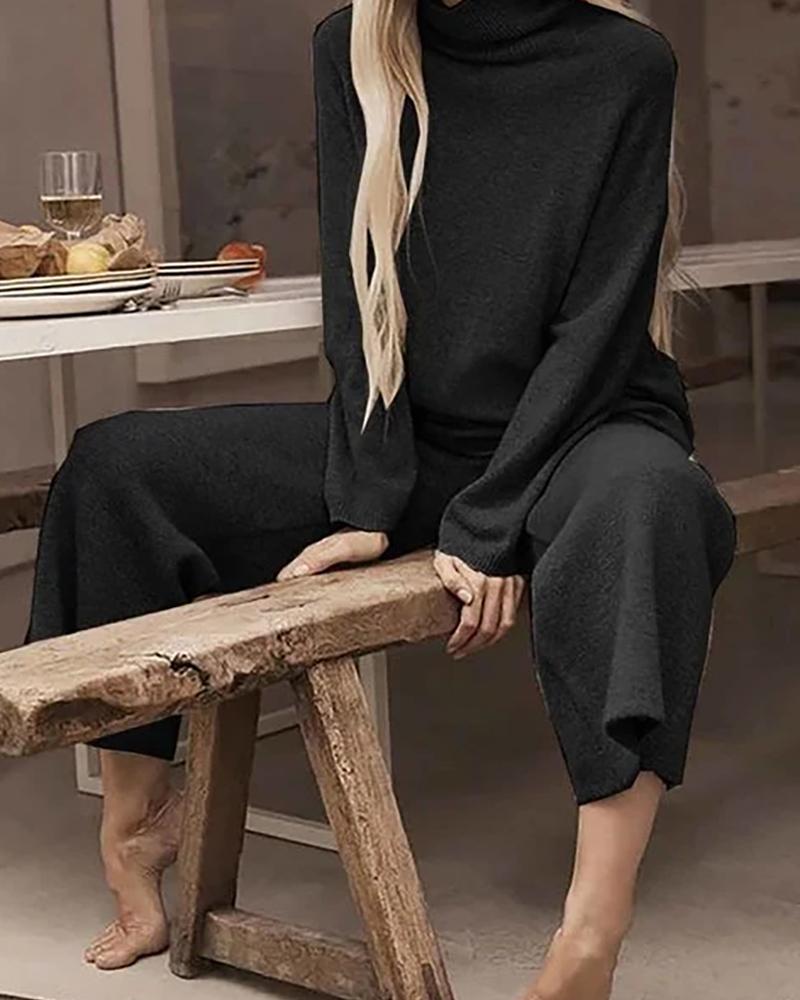 

Long Sleeve Knit Sweater & Wide Leg Pants Set, Black