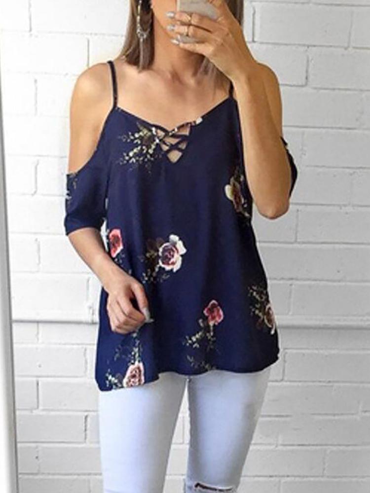 

Floral Print Lace-Up Cold Shoulder Blouse, Dark blue