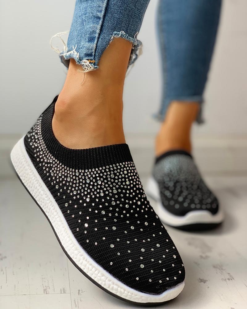 

Hot Stamping Ribbed Breathable Knitting Sneakers, Black