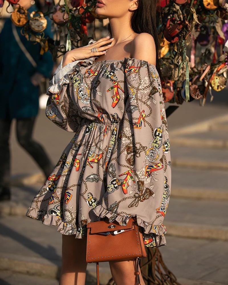 

Off Shoulder Scarf Print Tight Waist Dress, Coffee