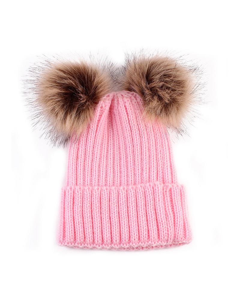 

Double Pom Pom Knit Cuffed Beanie, Pink