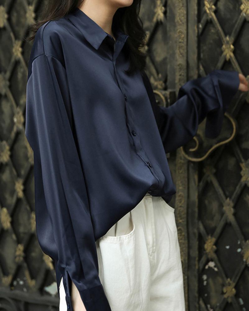 

Solid Long sleeve Button Through Satin Shirt, Dark blue