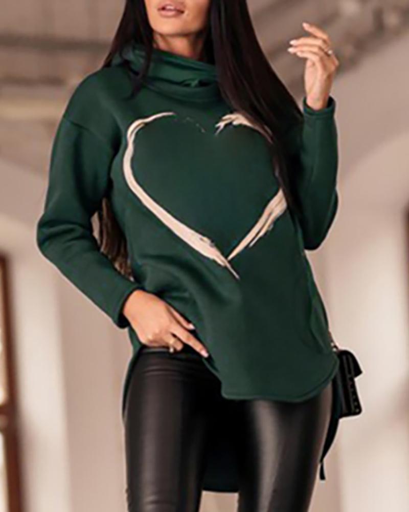 

Heart Print High Neck Hoodie, Dark green