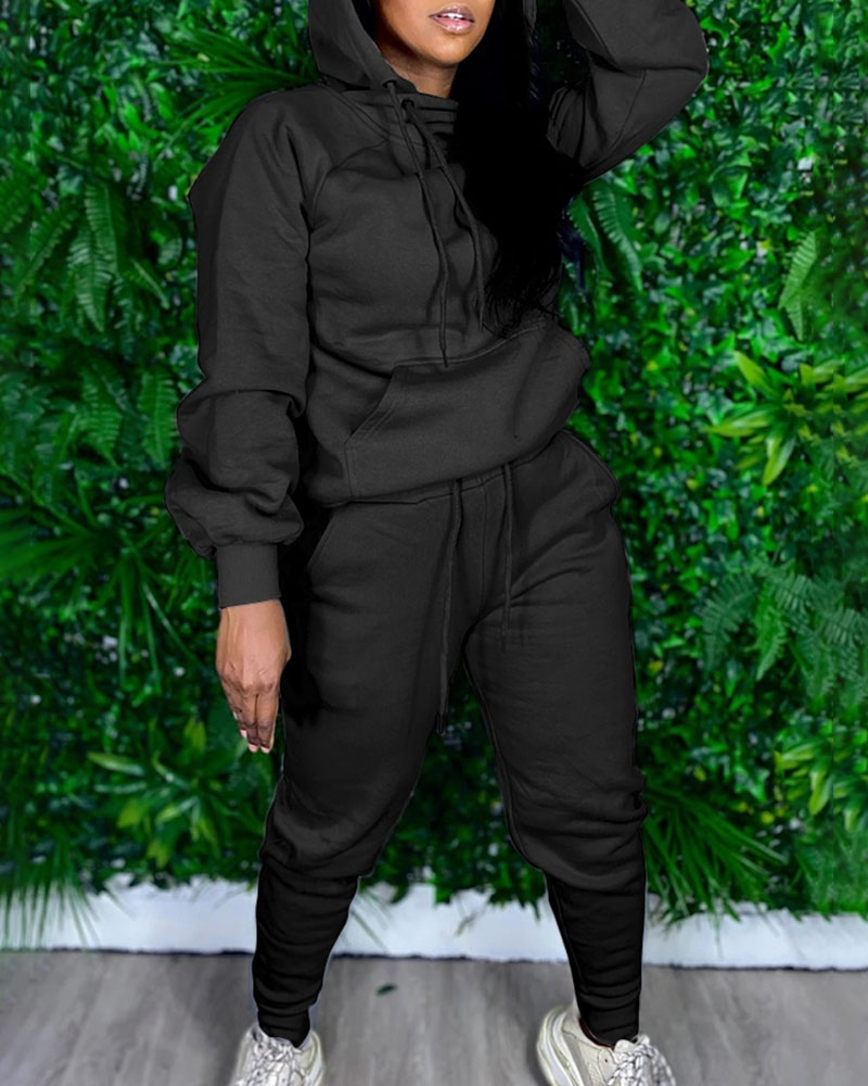 

Plus Size Plain Hooded Top & Drawstring Pants Set, Black