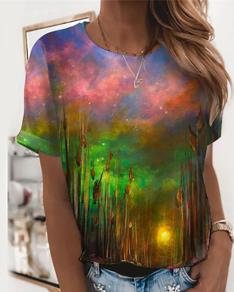 

Graphic / Floral Print Short Sleeve Casual T-Shirt, Style4