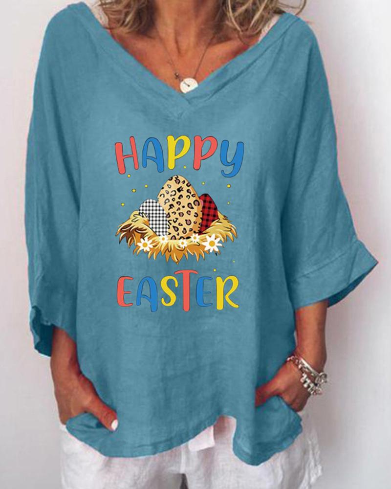 

Easter Eggs Letter Print Short Sleeve T-shirt, Blue