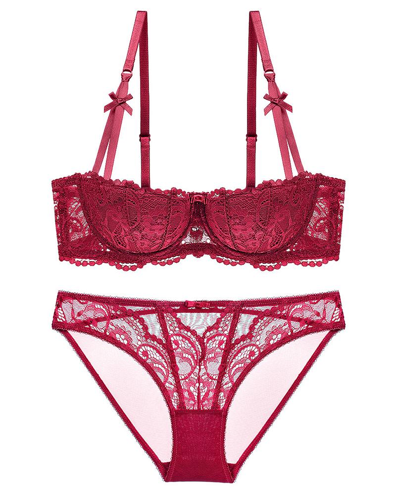 

Bowknot Detail Spaghetti Strap Sheer Mesh Bra Set, Wine red