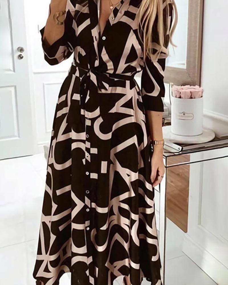 

Letter Print Button Design Shirt Dress, Black