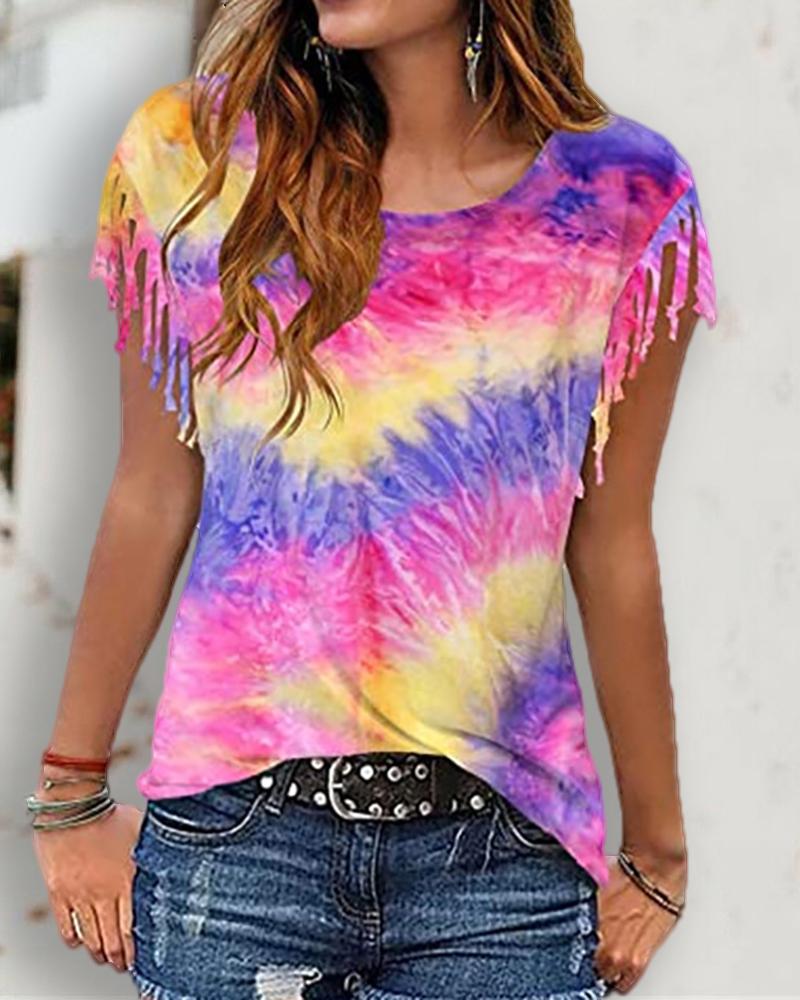 

Tie Dye Print Tassel Casual T-shirt, Purple