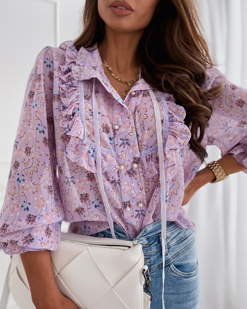 

Floral Print Long Sleeve Frill Hem Beaded Blouse, Purple