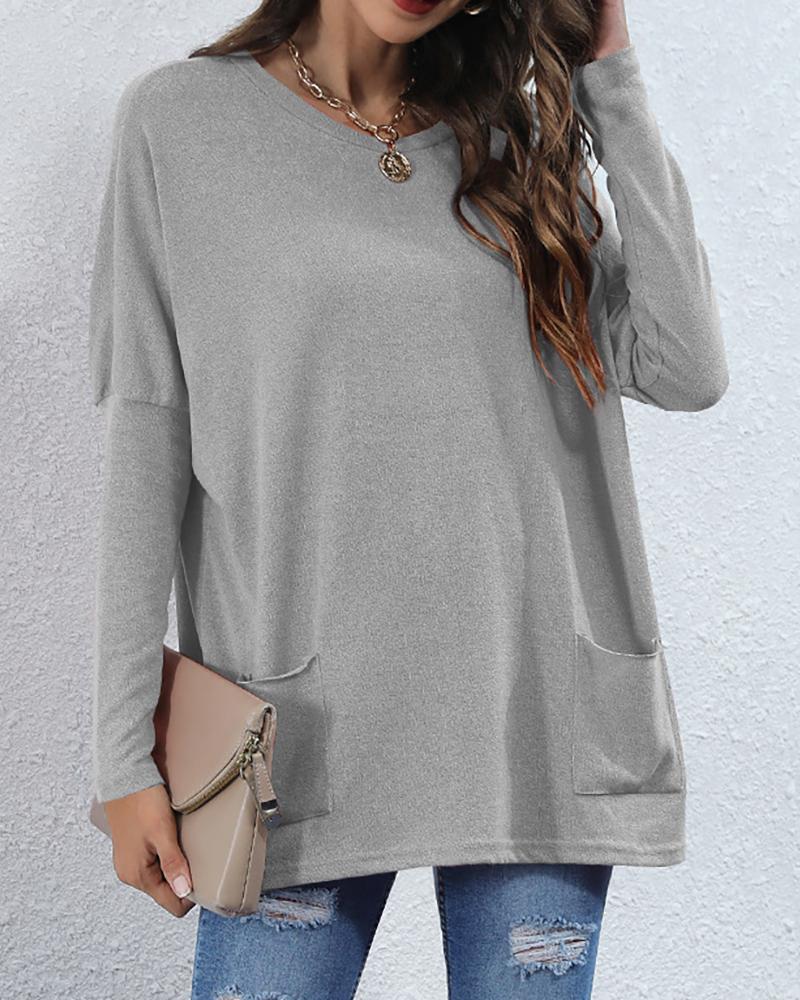 

Plain Pocket Design Long Sleeve Women Top, Gray