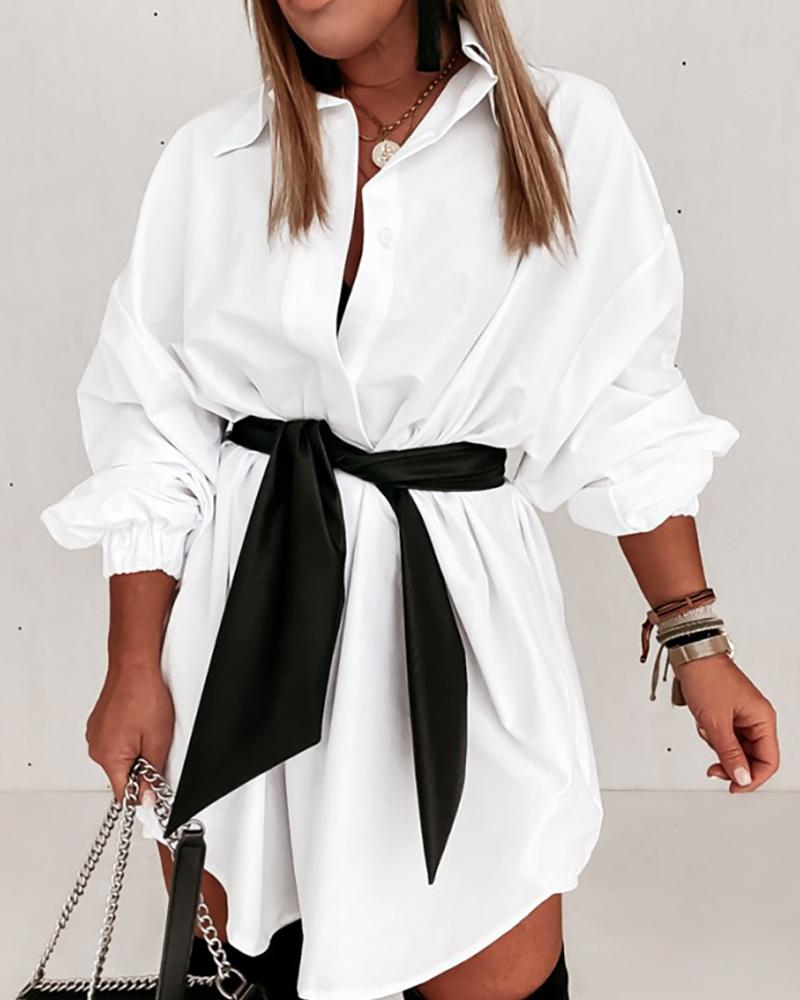 

Plain Lantern Sleeve Button Design Shirt Dress, White