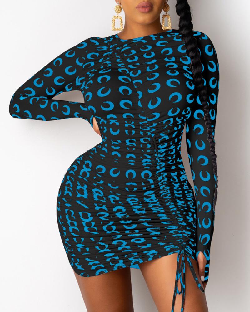 

All Over Print Drawstring Bodycon Dress, Dark blue
