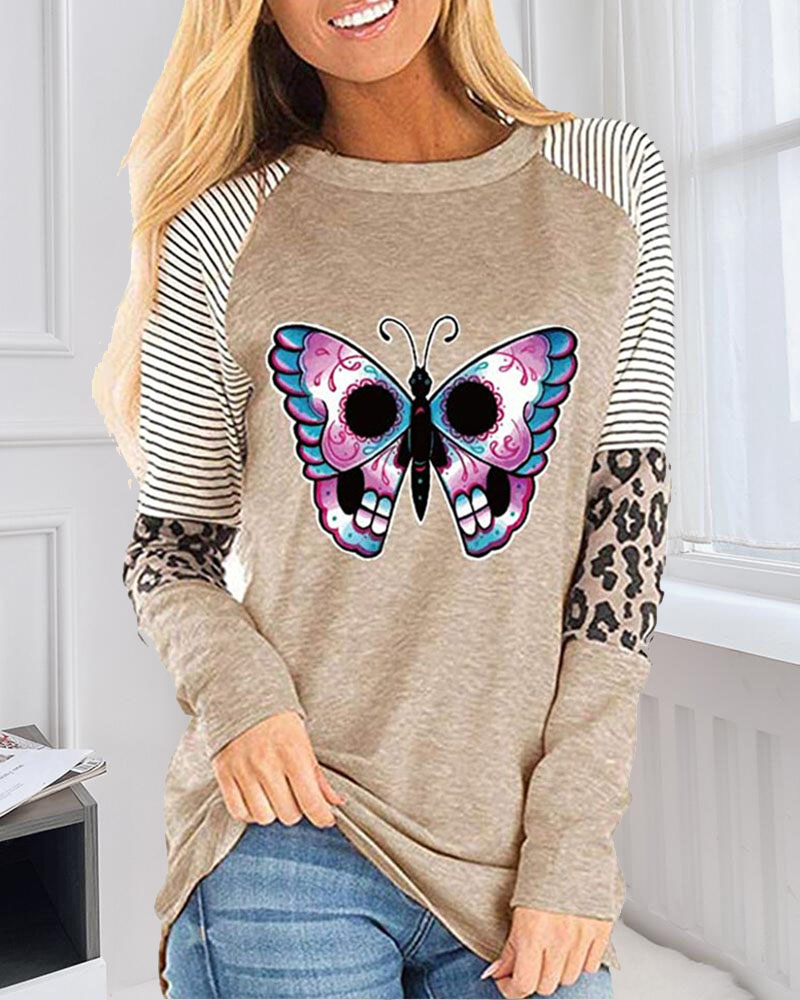 

Butterfly Print Splicing Striped Leopard Long Sleeve Blouse, Style2