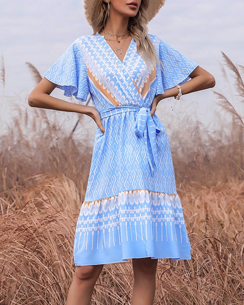 

Retro Patterns Print Short Sleeve Lace-up Midi Dress, Blue