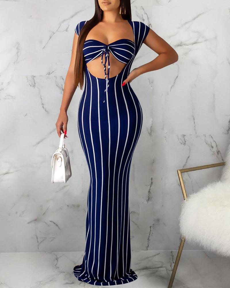 

Striped Cutout Bodycon Dress With Knotted Bra, Dark blue