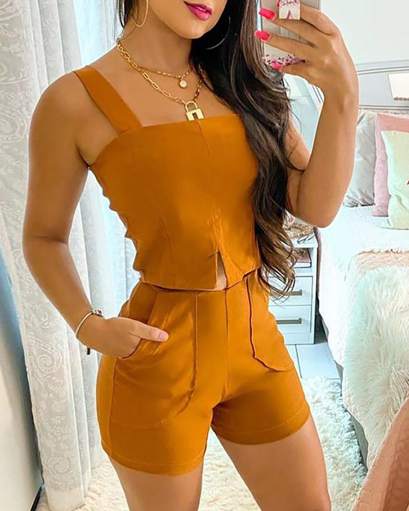 

Square Neck Slit Tank Top & Pocket Design Shorts Set, Yellow