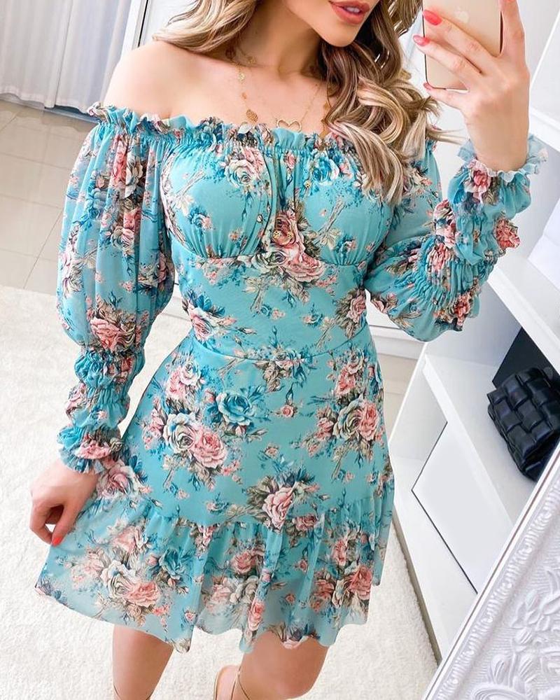 

Off Shoulder Floral Print Ruffles Hem Dress, Blue
