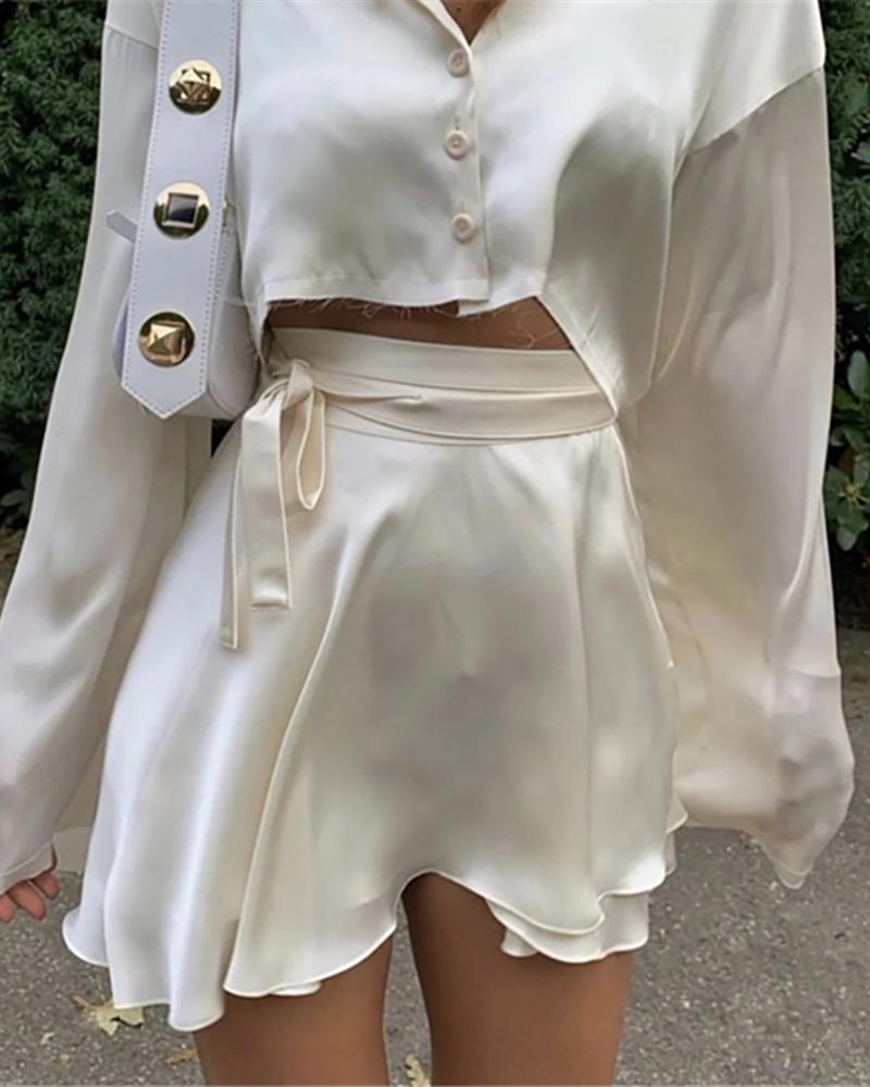 

Lace Up Design Plain High Waist Skirt, Beige