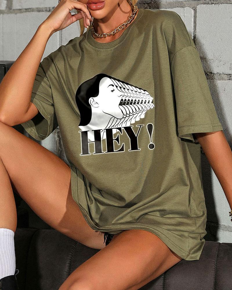 

Cartoon Figure Print Short Sleeve T-shirts, Green