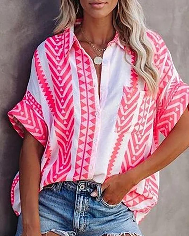 

Geo Pattern Print Colorblock Button Front Shirt, Pink