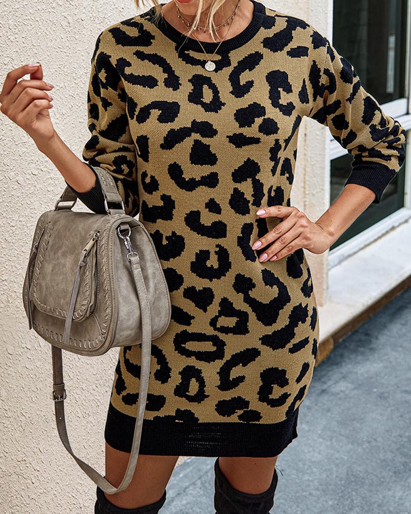 

Cheetah Print Contrast Binding Long Sleeve Dress, Khaki