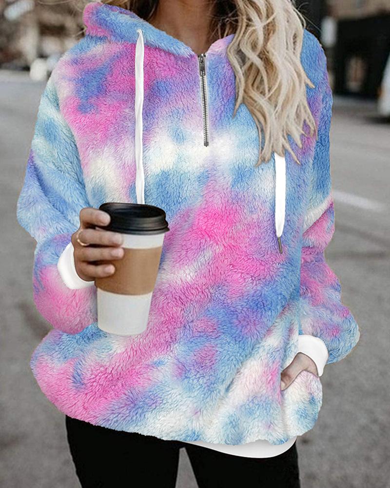 

Tie Dye Print Long Sleeve Teddy Hoodie, Multicolor