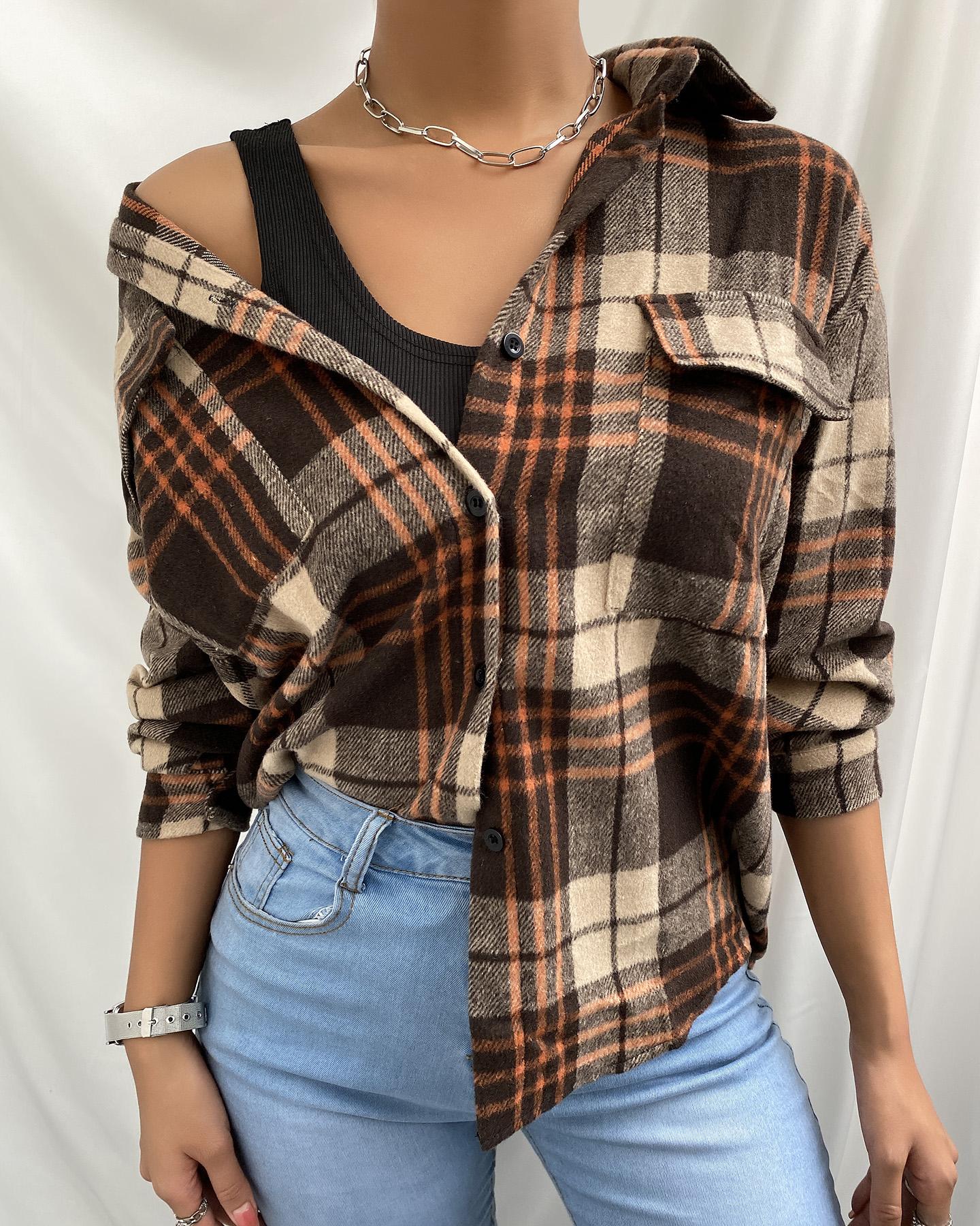 

Plaid Pocket Design Long Sleeve Shirt, Coffee