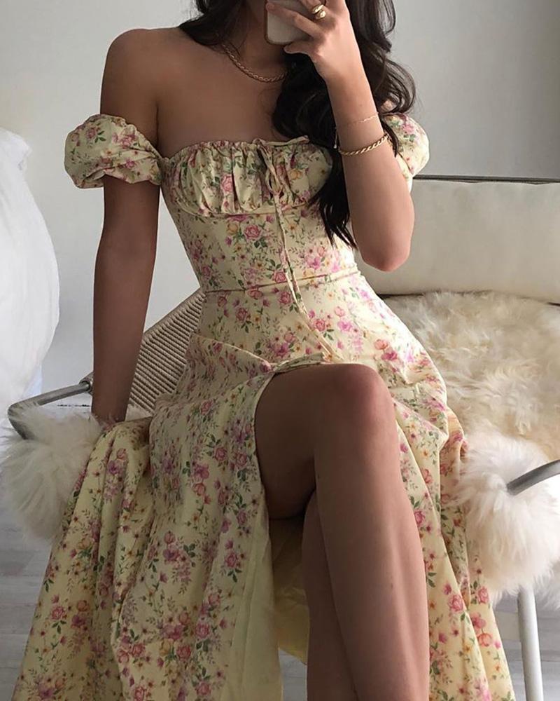 

Floral Print Ruched Puff Sleeve High Slit Maxi Dress, Yellow