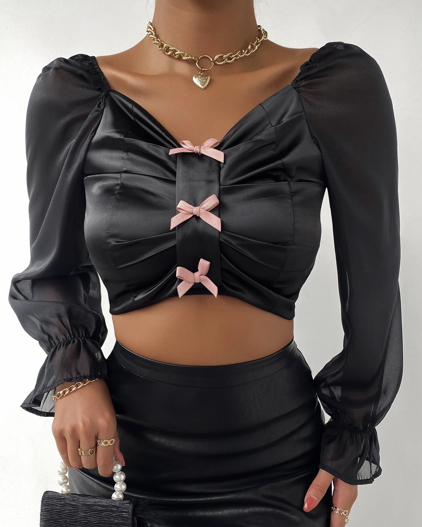 

Bowknot Puff Sleeve Tie Detail Ruched Crop Top, Black