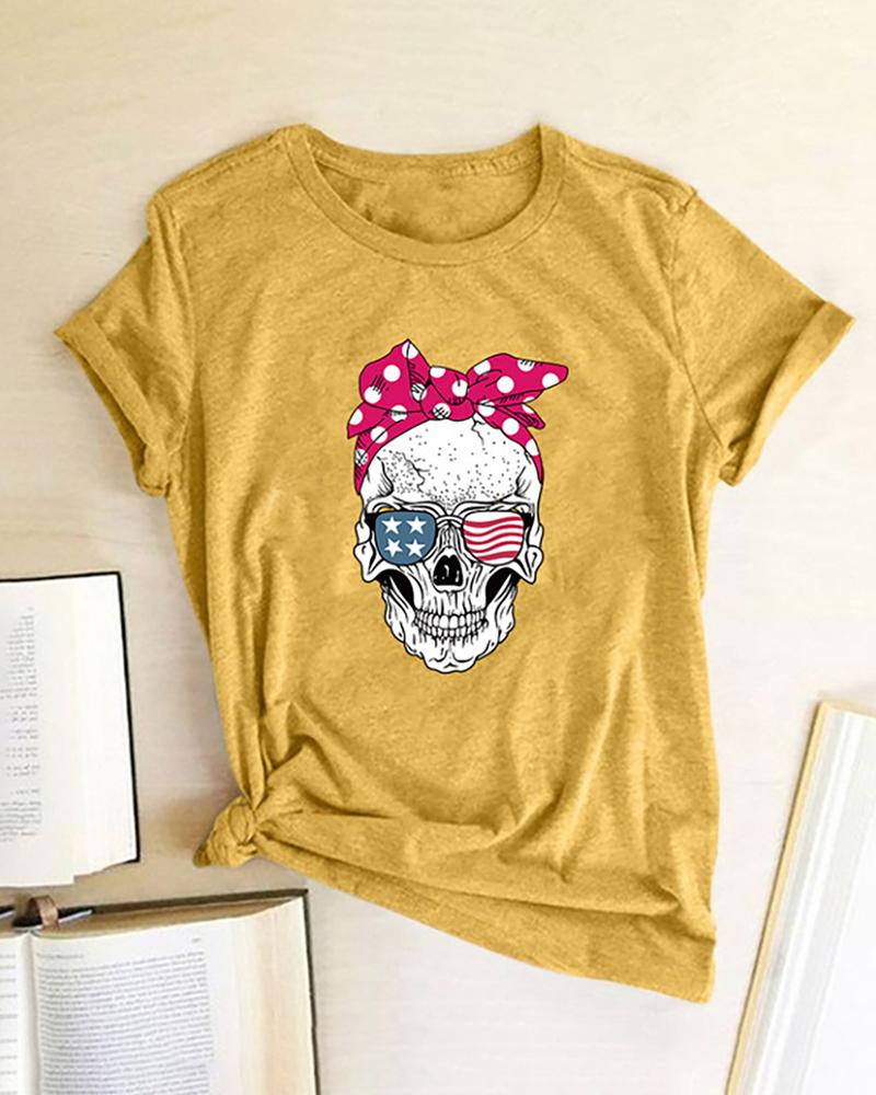 

Skull Star Print Striped Shot Sleeve Casual T-shirt, Yellow