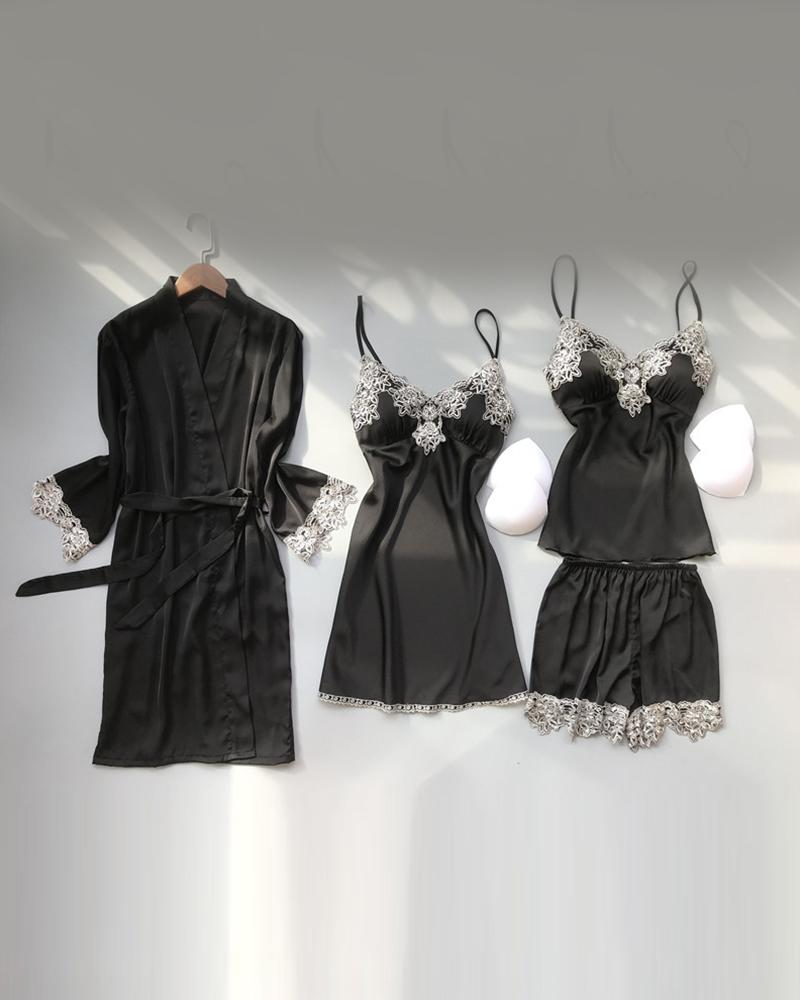 

Splicing Lace Trim Satin 4PCS Sleepwear Set, Black