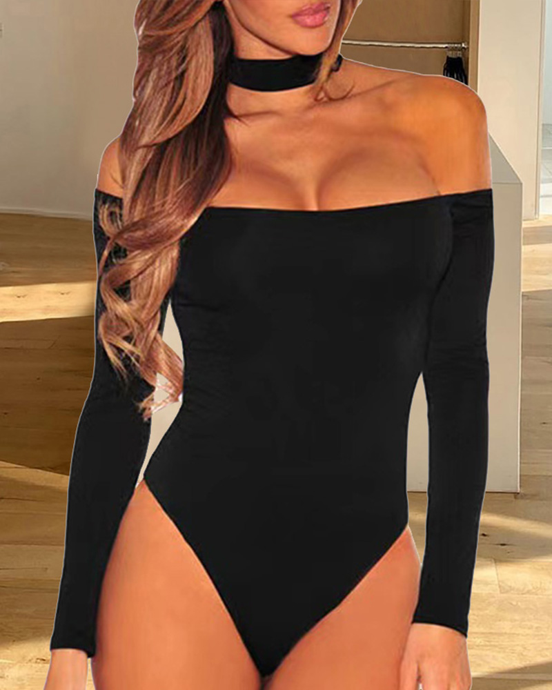 

Solid Color Splicing Choker Off-shoulder Long Sleeve Bodysuit, Black
