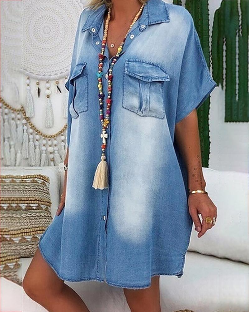 

Fringe Hem Pocket Design Denim Casual Dress, Light blue
