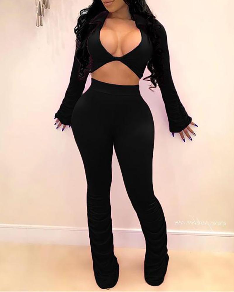 

Plunge Solid Crop Top & Ruched Pants Sets, Black