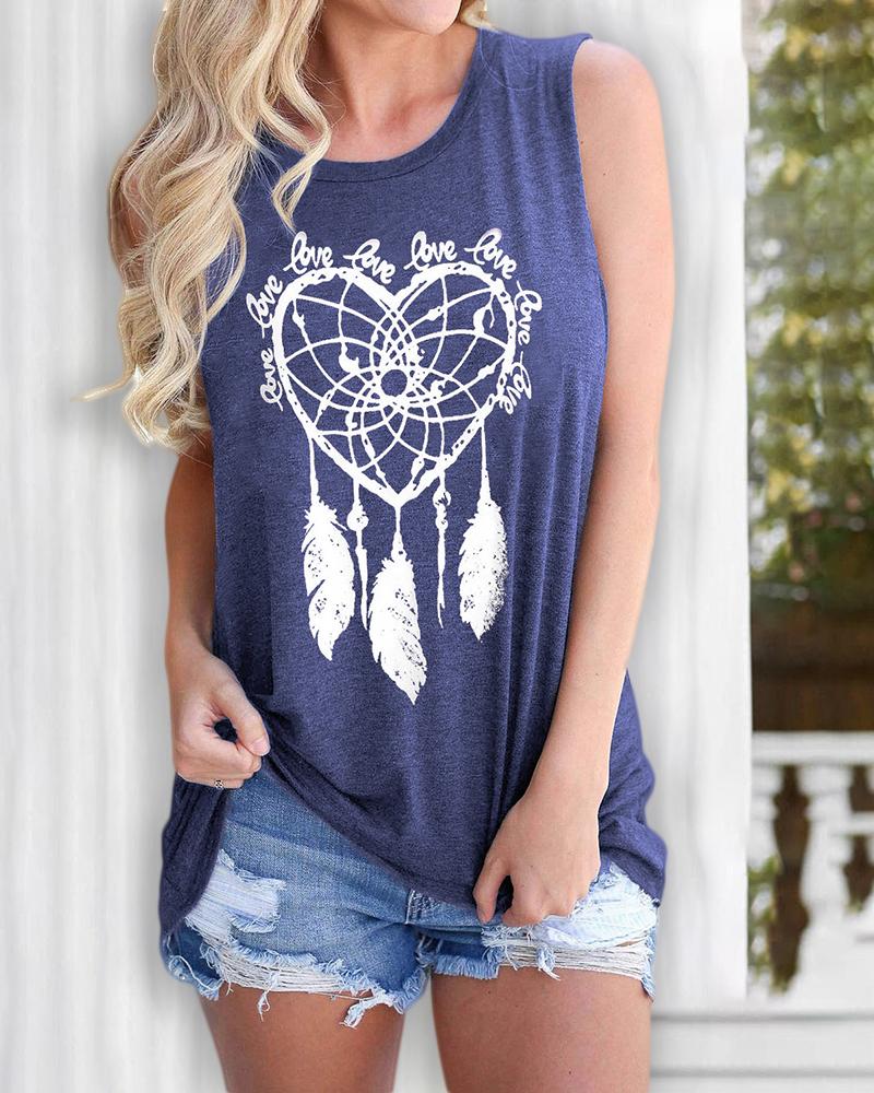 

Feather Print Casual Tank Top, Blue